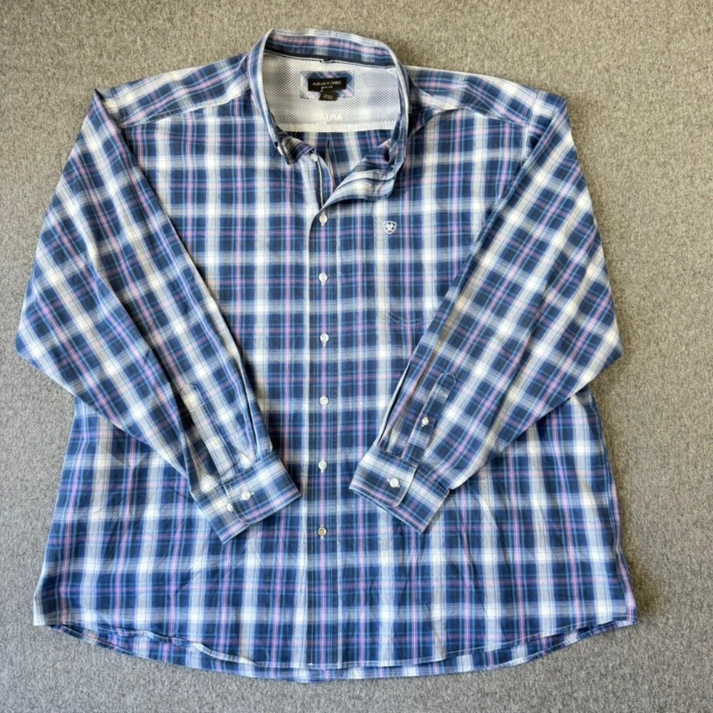 Ariat Pro Series Mens 3XL Blue Pink Plaid Long Sleeve Button Down‎ Shirt Western